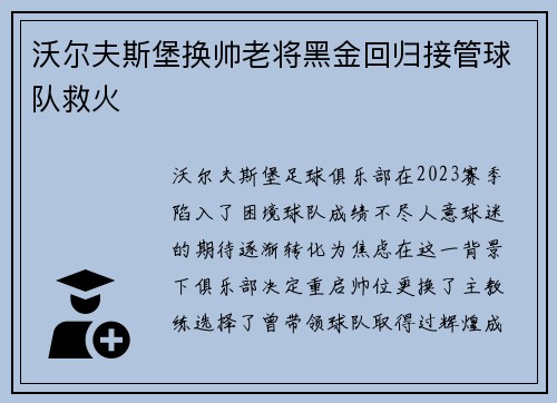 沃尔夫斯堡换帅老将黑金回归接管球队救火